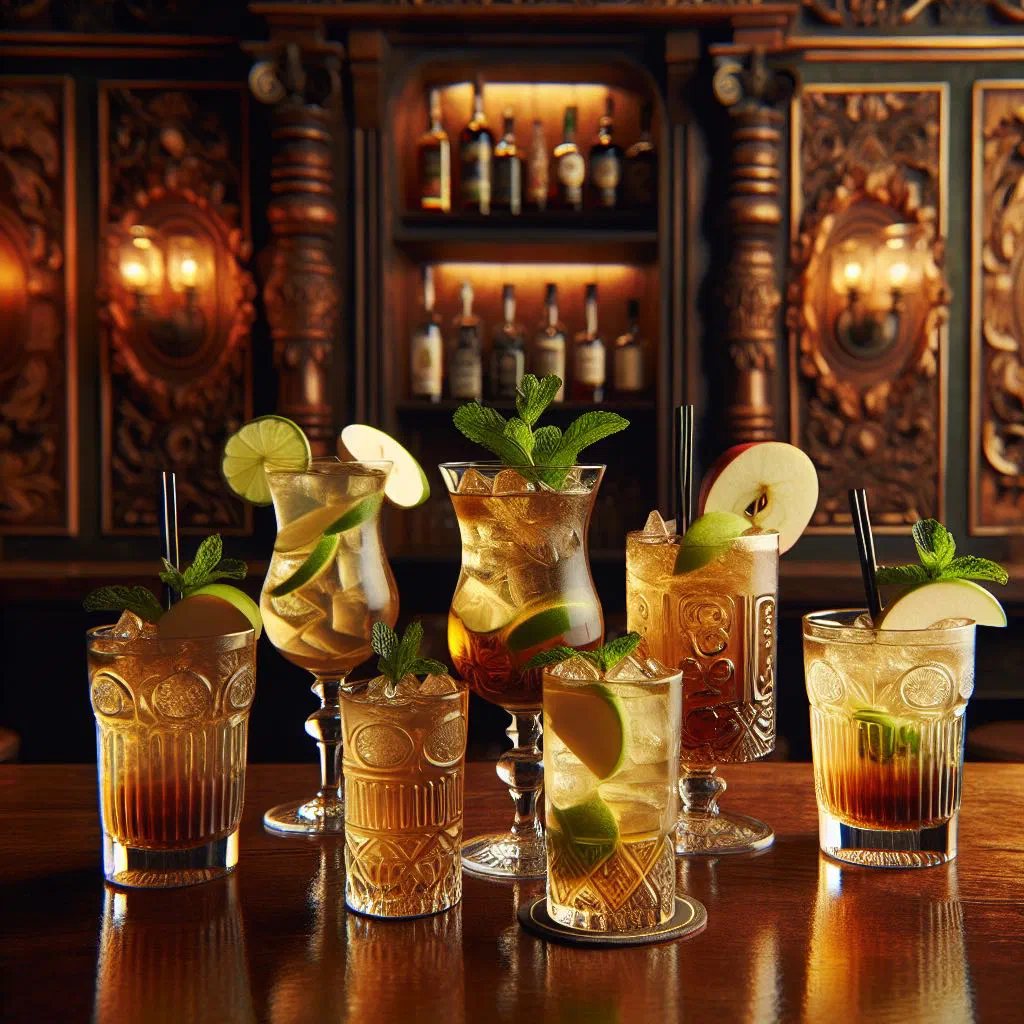 Zubrovka cocktail in a glass over ice, garnished with fresh herbs