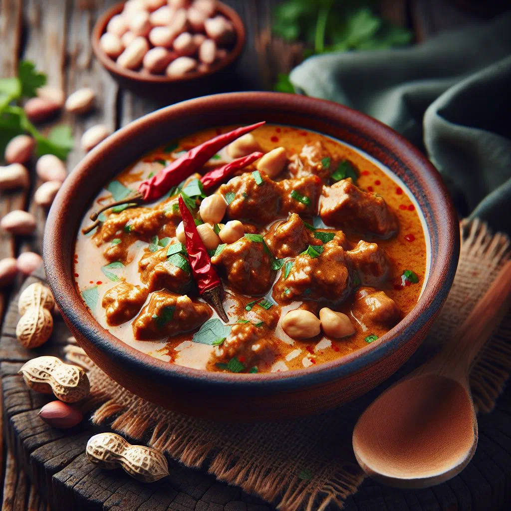 A creamy bowl of Rwandan groundnut stew garnished with fresh coriander