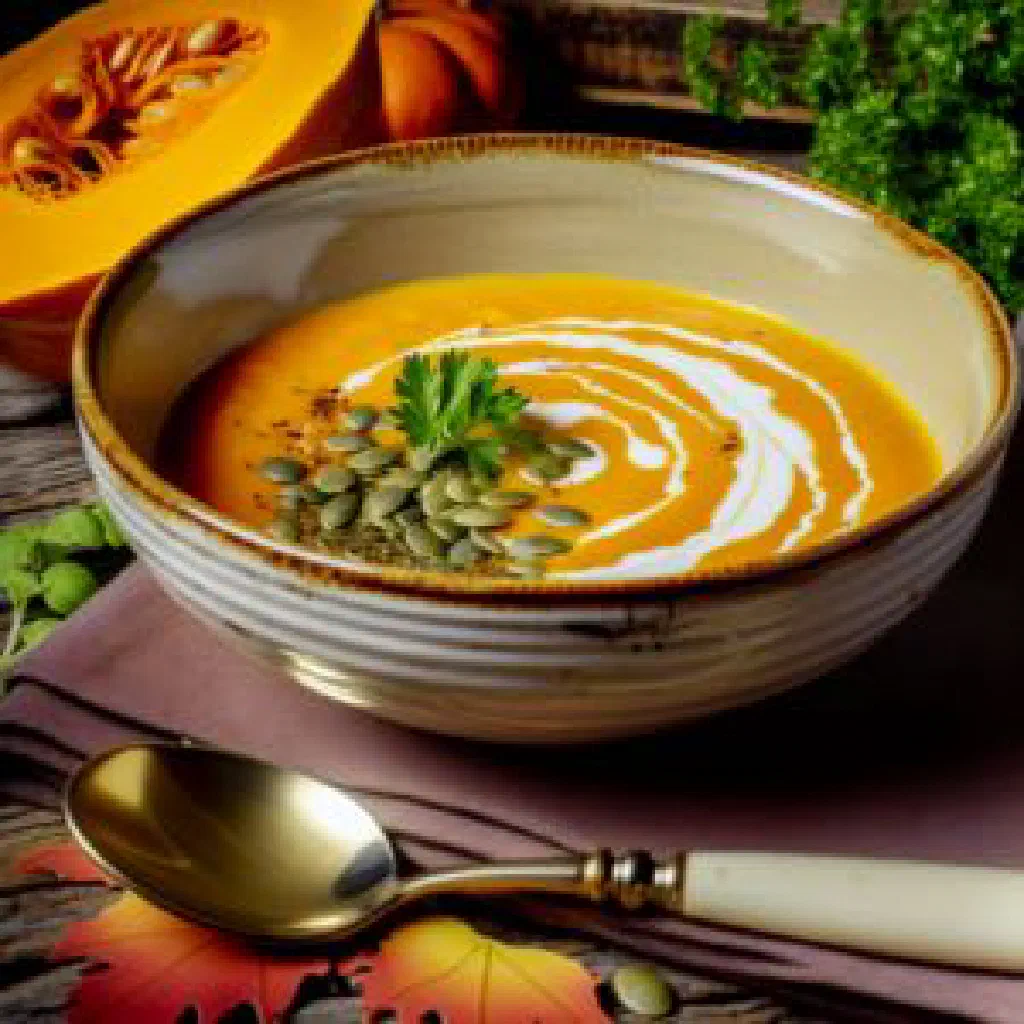 Bowl of Rwandan ibihaza pumpkin stew garnished with fresh coriander