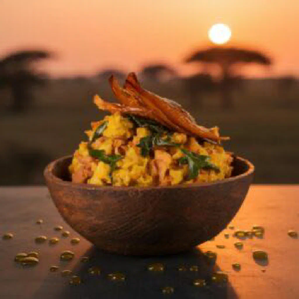 Bowl of mashed Rwandan sweet potato ibijumba garnished with fresh herbs