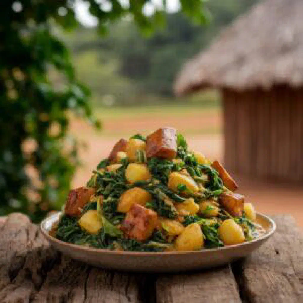 A hearty bowl of Rwandan igisafuria stew with meat and vegetables