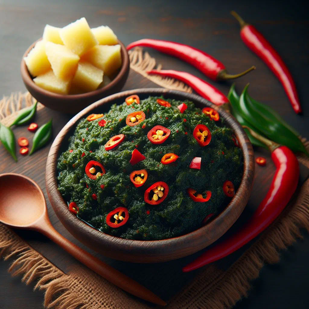 Bowl of Rwandan isombe, a creamy stew of cassava leaves with peanut butter