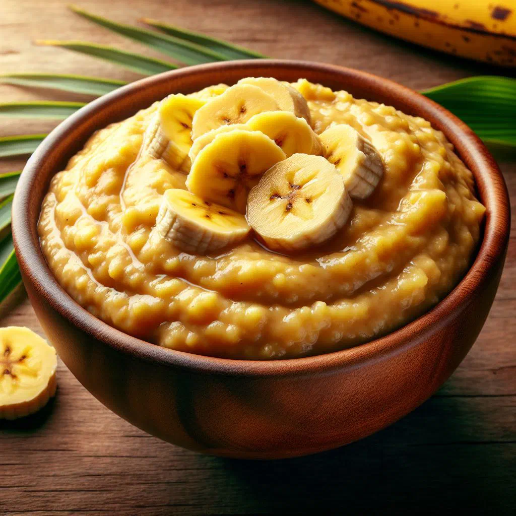 Creamy mashed banana poi in a bowl topped with coconut