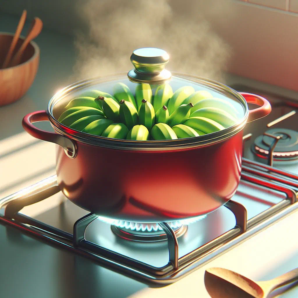 Bowl of boiled green bananas served warm with coconut milk