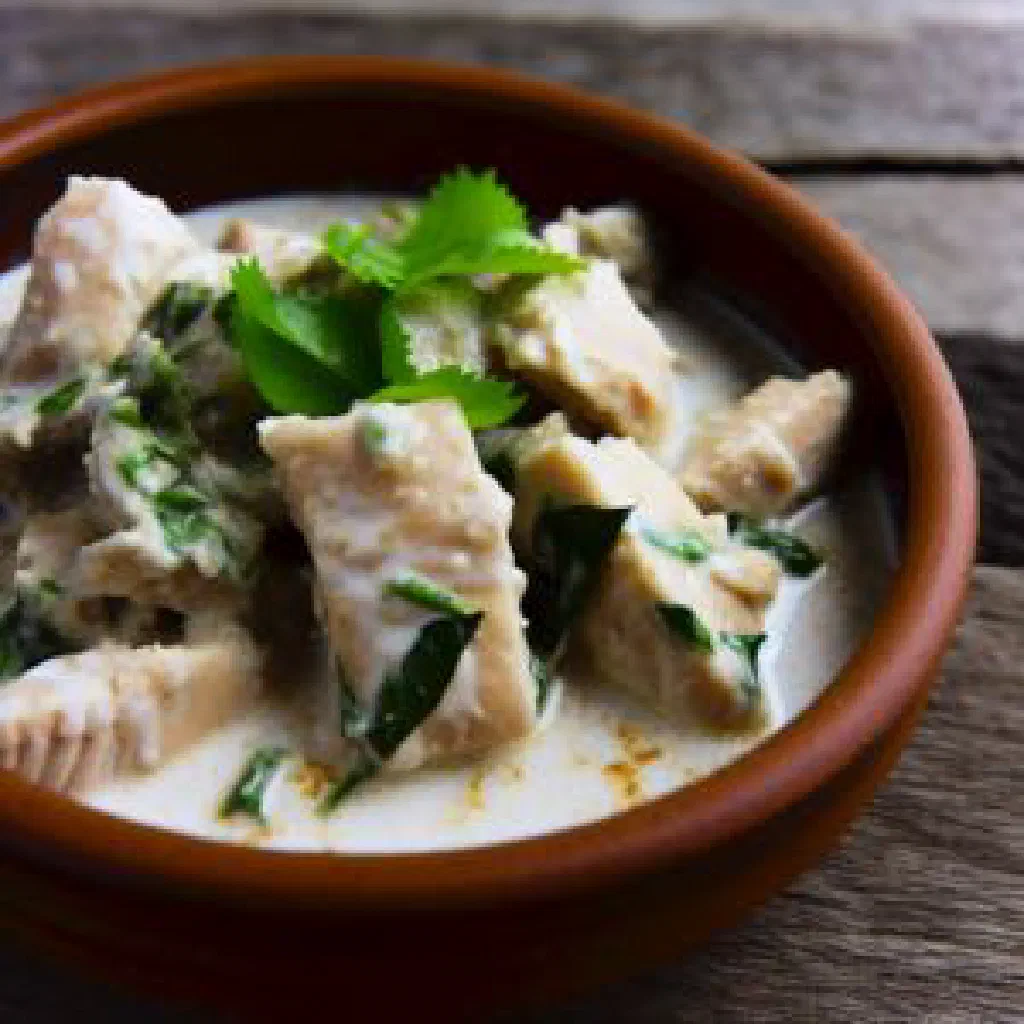 Fresh fish simmered in coconut milk, garnished with herbs and lime