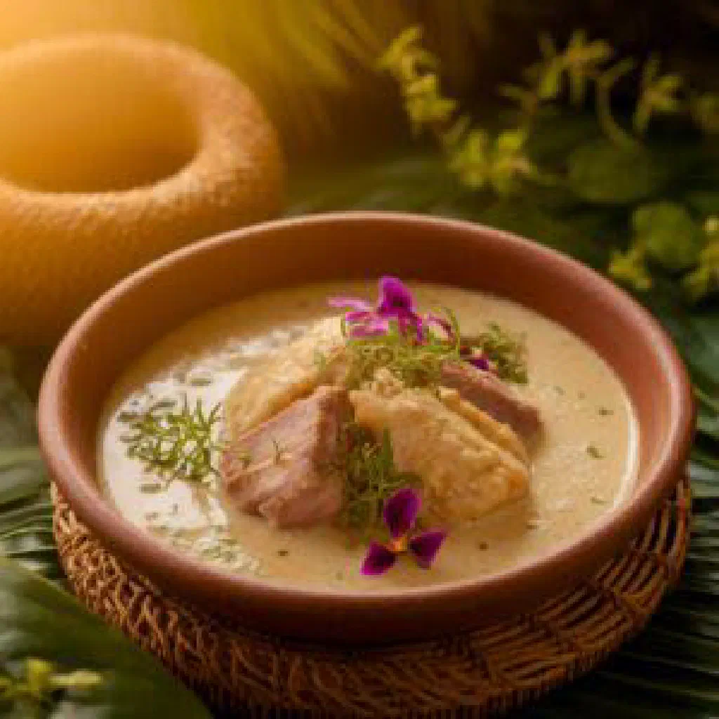 Faiai Eleni fish simmered in creamy coconut sauce with lime and coriander