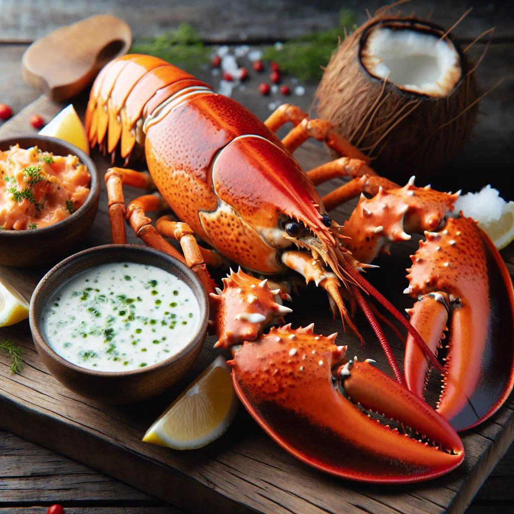 Grilled lobster tails glazed with creamy coconut sauce and fresh coriander