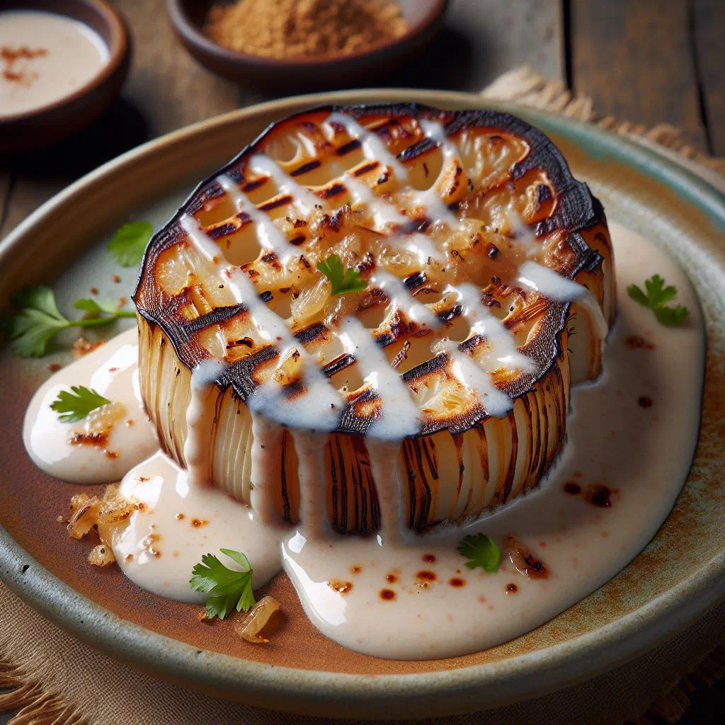 Grilled taro slices drizzled with creamy coconut sauce and fresh herbs