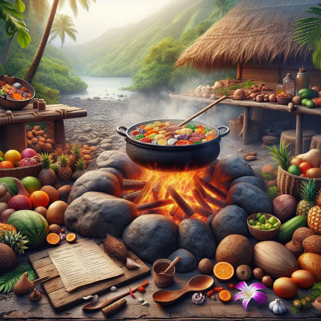 Mumu with tender meat, root vegetables and fresh herbs served on a platter