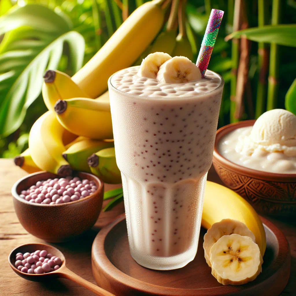 Creamy poi banana smoothie in a tall glass garnished with fresh fruit