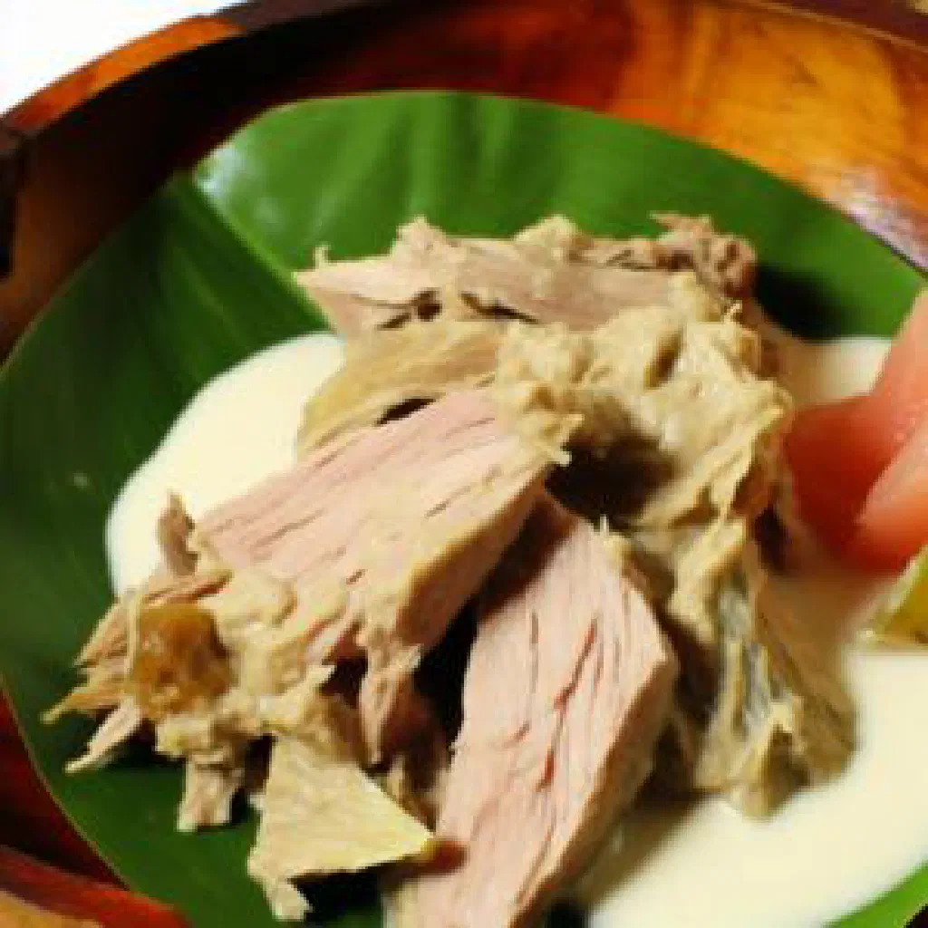 Tender roasted Samoan pork garnished with fresh herbs and lime