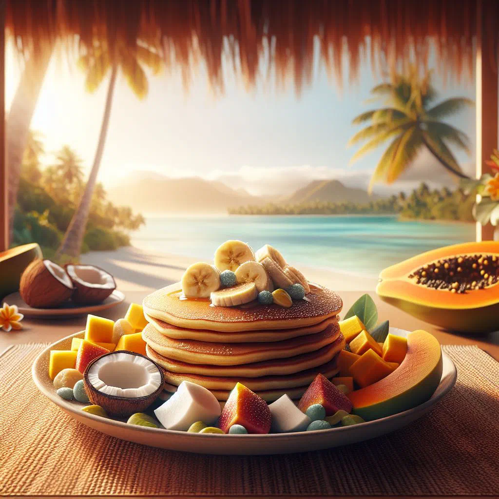 A stack of fluffy golden Samoan pancakes topped with fresh fruit