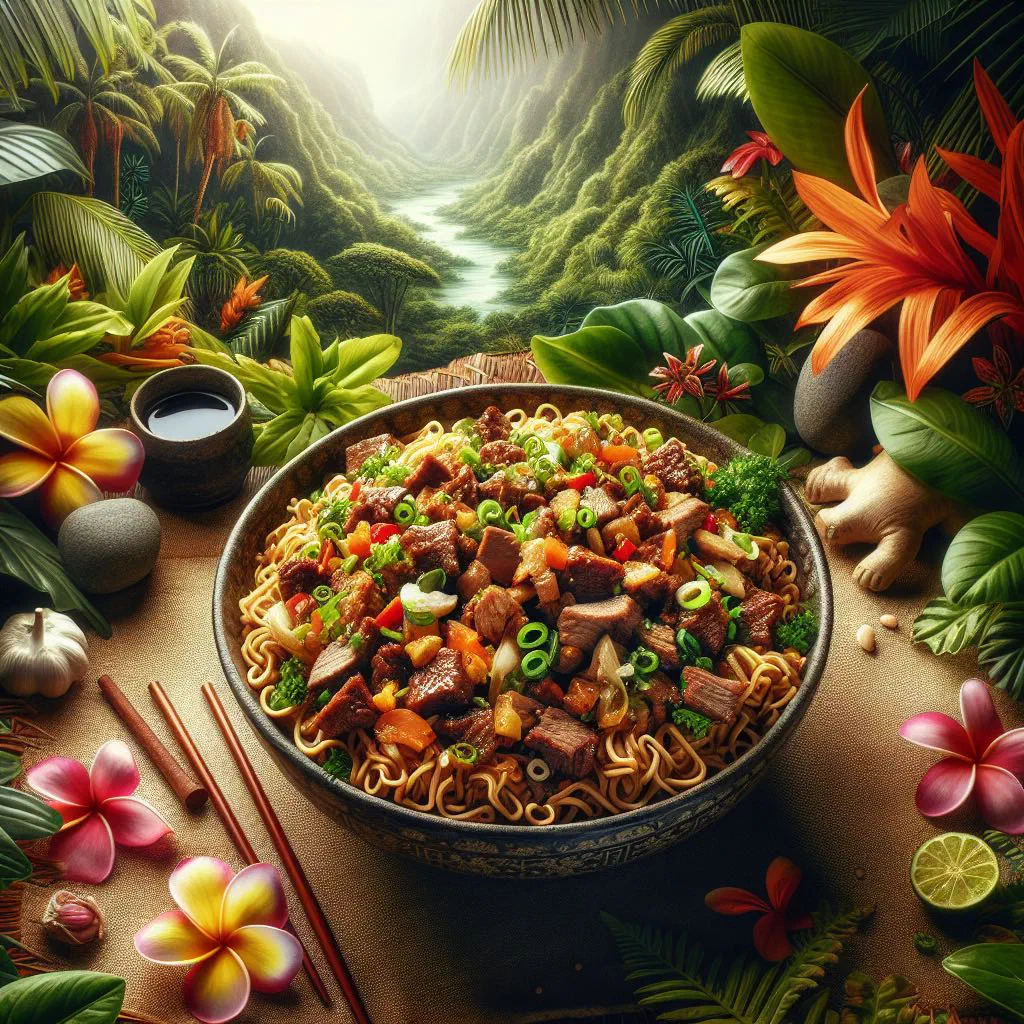 A bowl of Samoan sapasui glass noodles with tender meat and vegetables