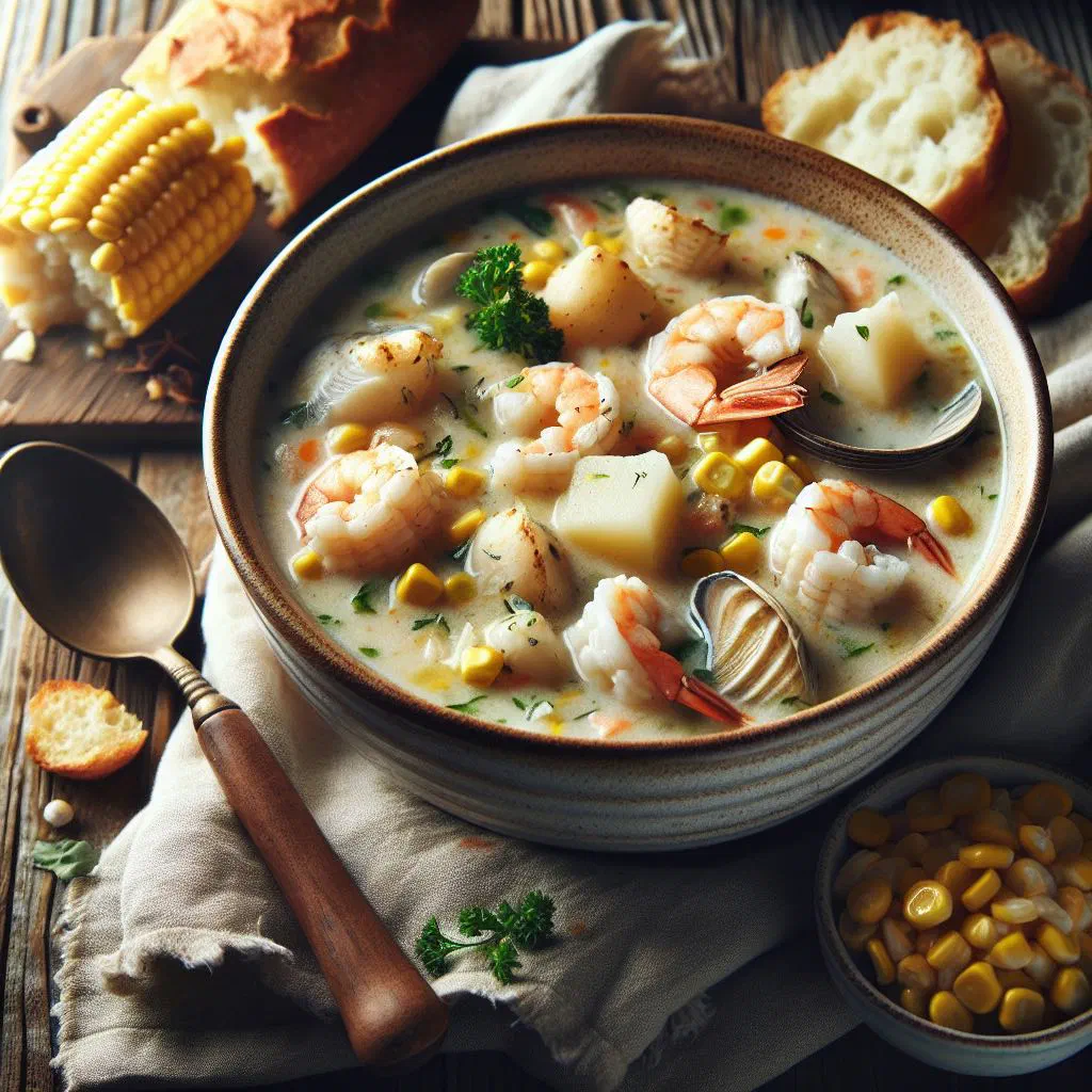 A creamy Samoan seafood chowder with fish and prawns garnished with fresh herbs