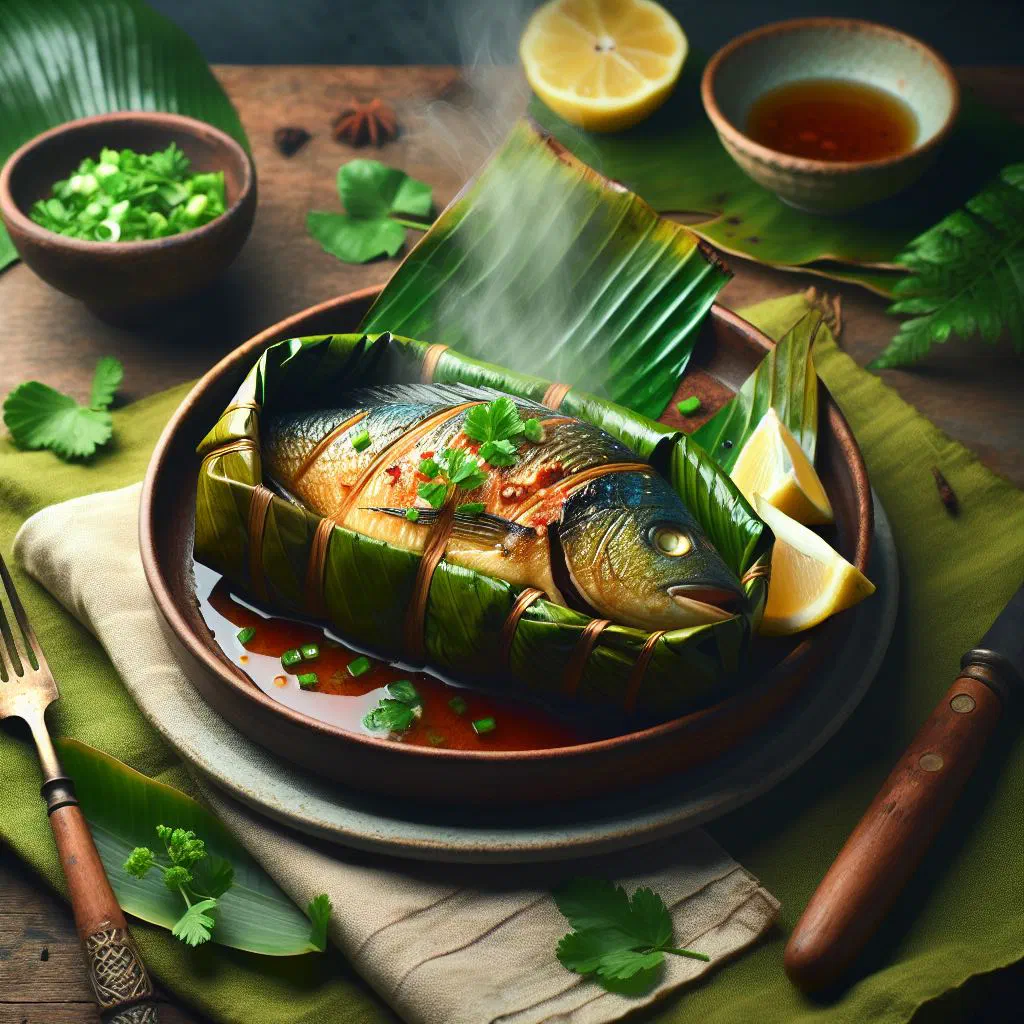 Fresh fish wrapped and steamed in banana leaves with herbs and lime