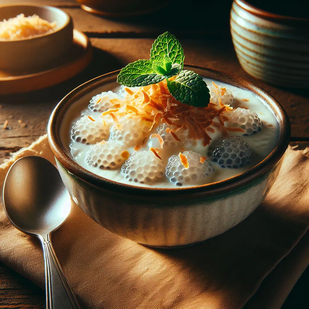 Bowl of steamed tapioca pearls in creamy coconut milk topped with fresh mango