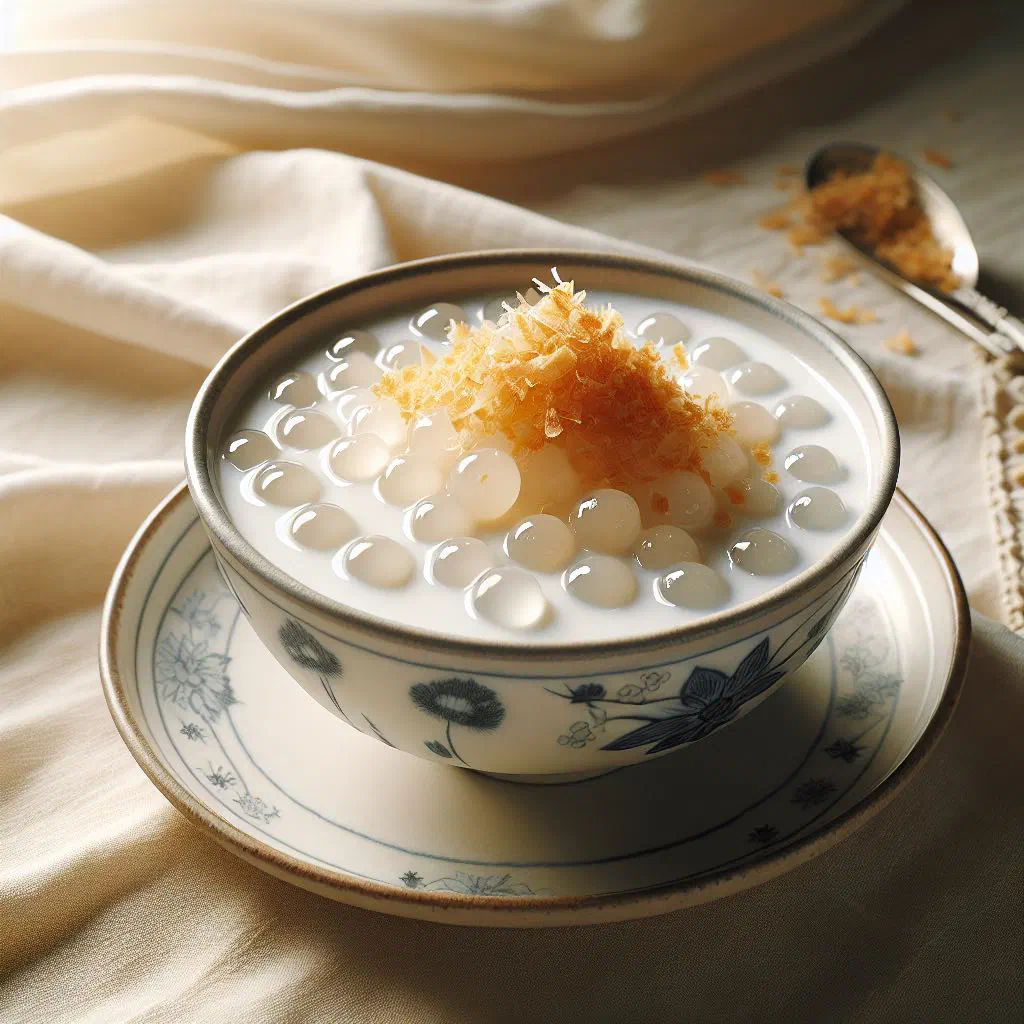 Sweet coconut tapioca pudding topped with fresh mango and banana