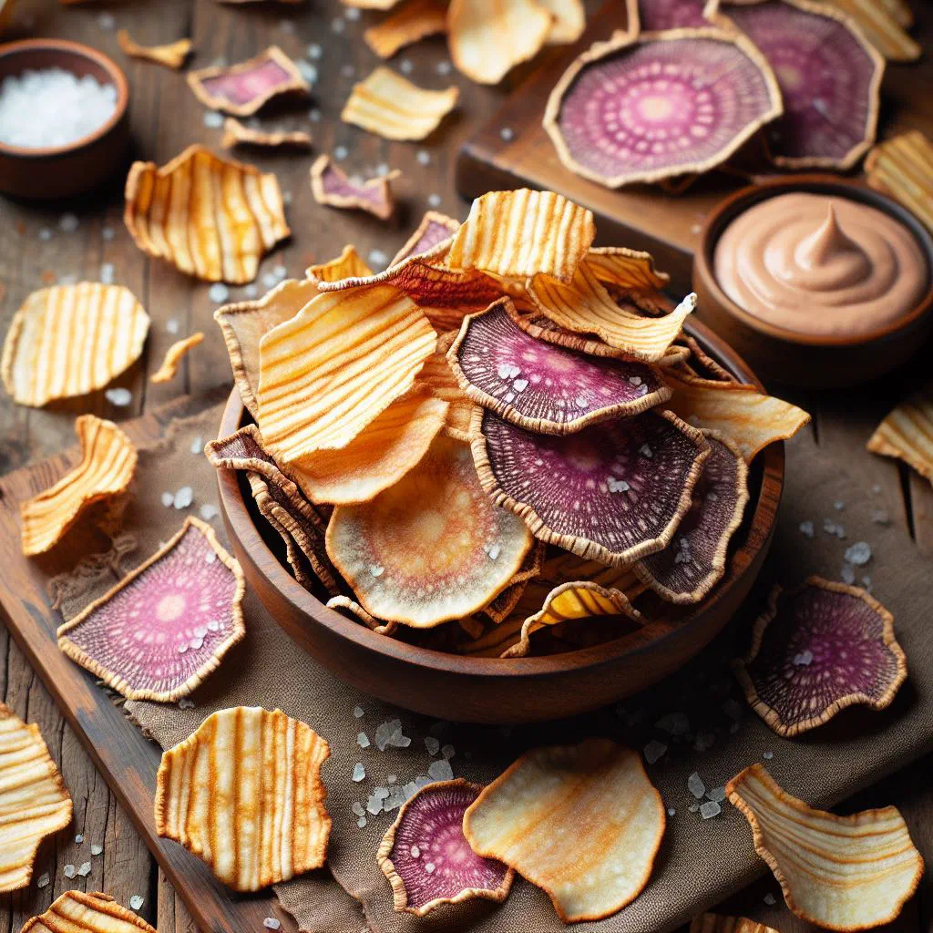 A bowl of crisp golden taro chips sprinkled with salt