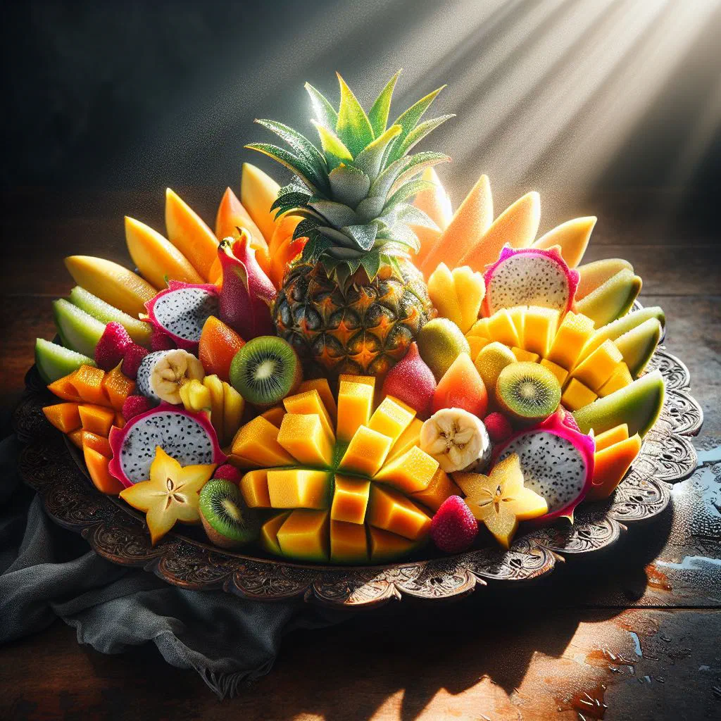 A bowl of tropical fruit salad with pineapple, mango, banana and coconut