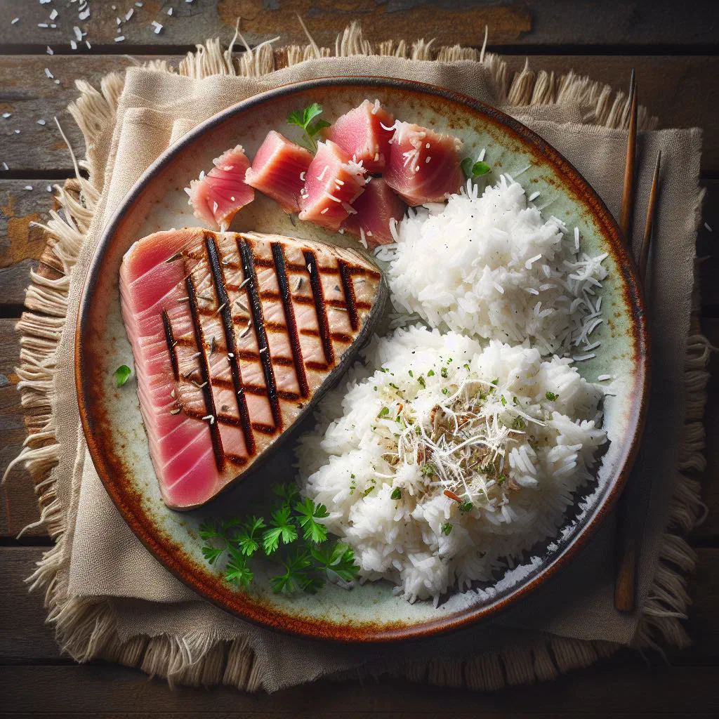 Seared tuna served on creamy coconut rice with coriander and lime