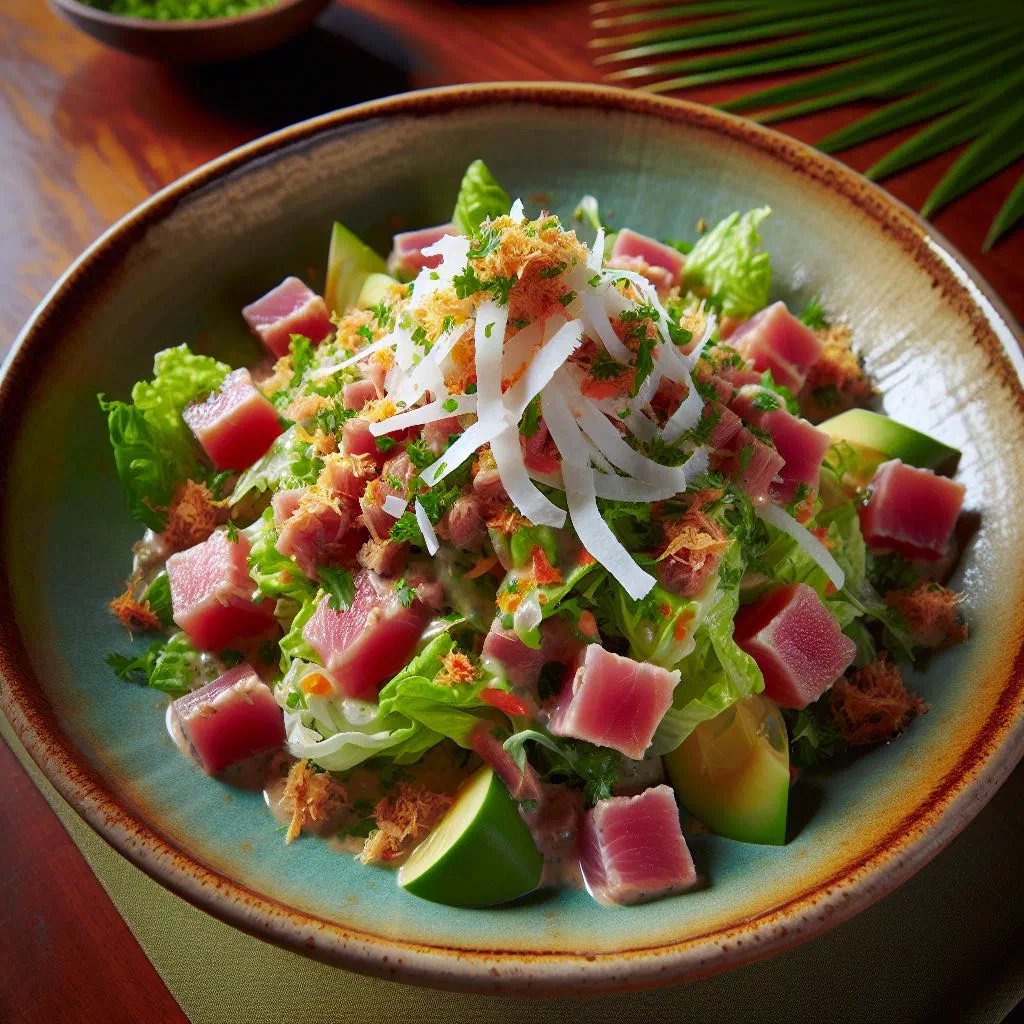 Fresh tuna and coconut salad with tomato, onion and lime in a bowl