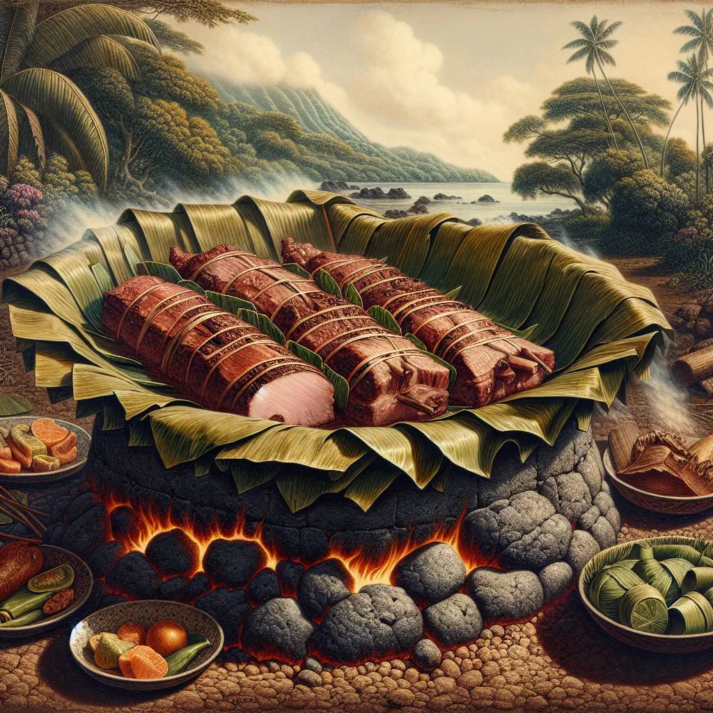 Umu-cooked pork wrapped in banana leaves, tender and roasted