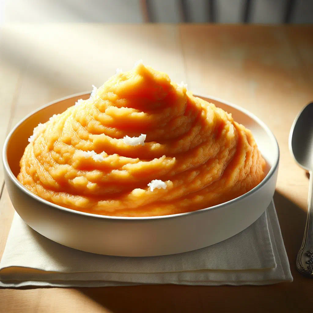 Creamy yam and coconut mash garnished with fresh coconut flakes