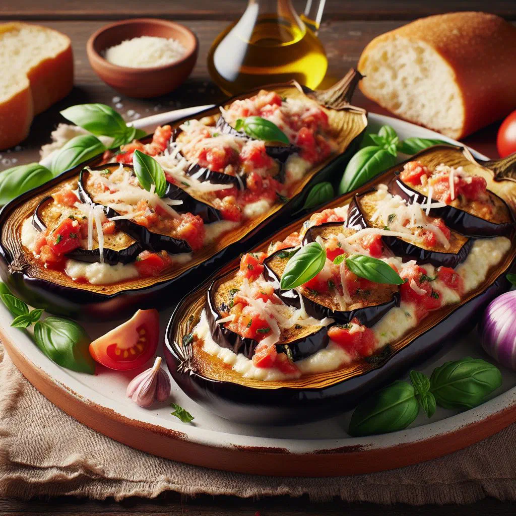 Stuffed aubergine boats topped with melted cheese and fresh herbs