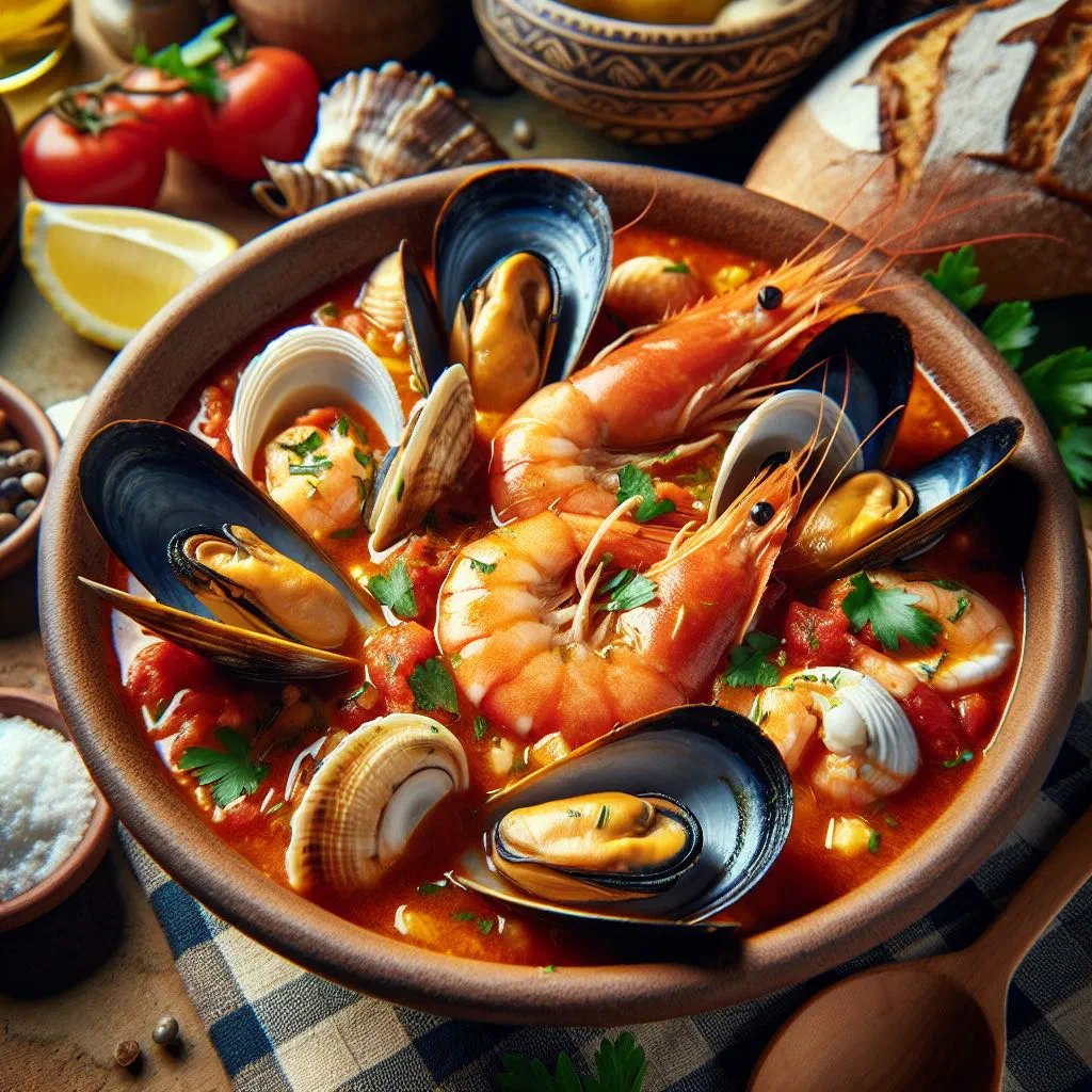 Brodetto fish stew with mussels and prawns in a rich tomato sauce