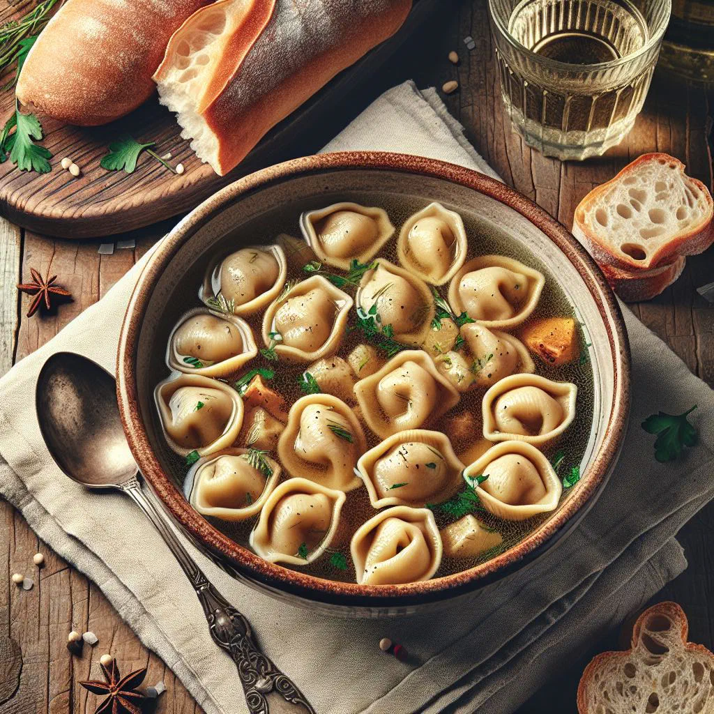 Little hat-shaped cappelletti served in a warm bowl with grated Parmesan