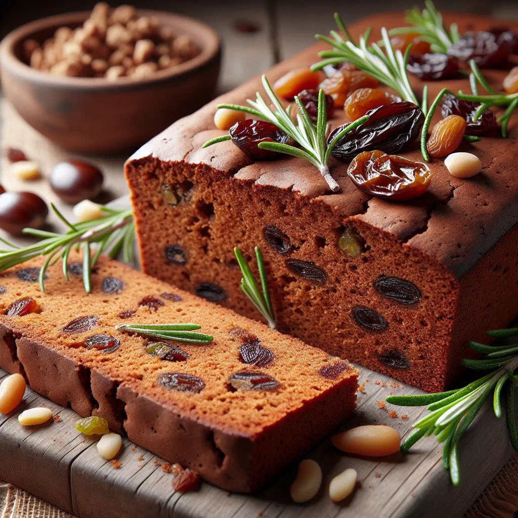 Rustic castagnaccio chestnut cake topped with pine nuts and rosemary