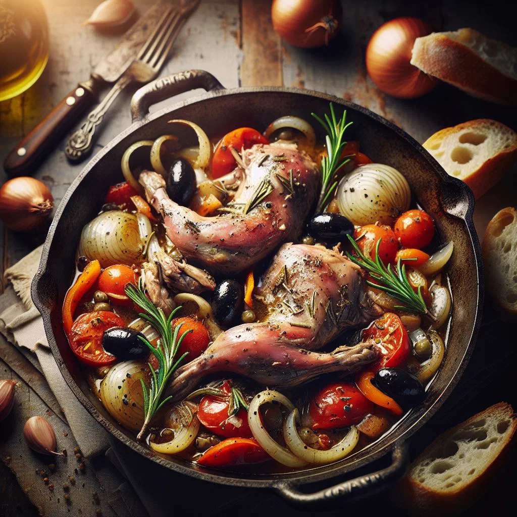 Braised rabbit in a rich tomato and red wine sauce served with bread