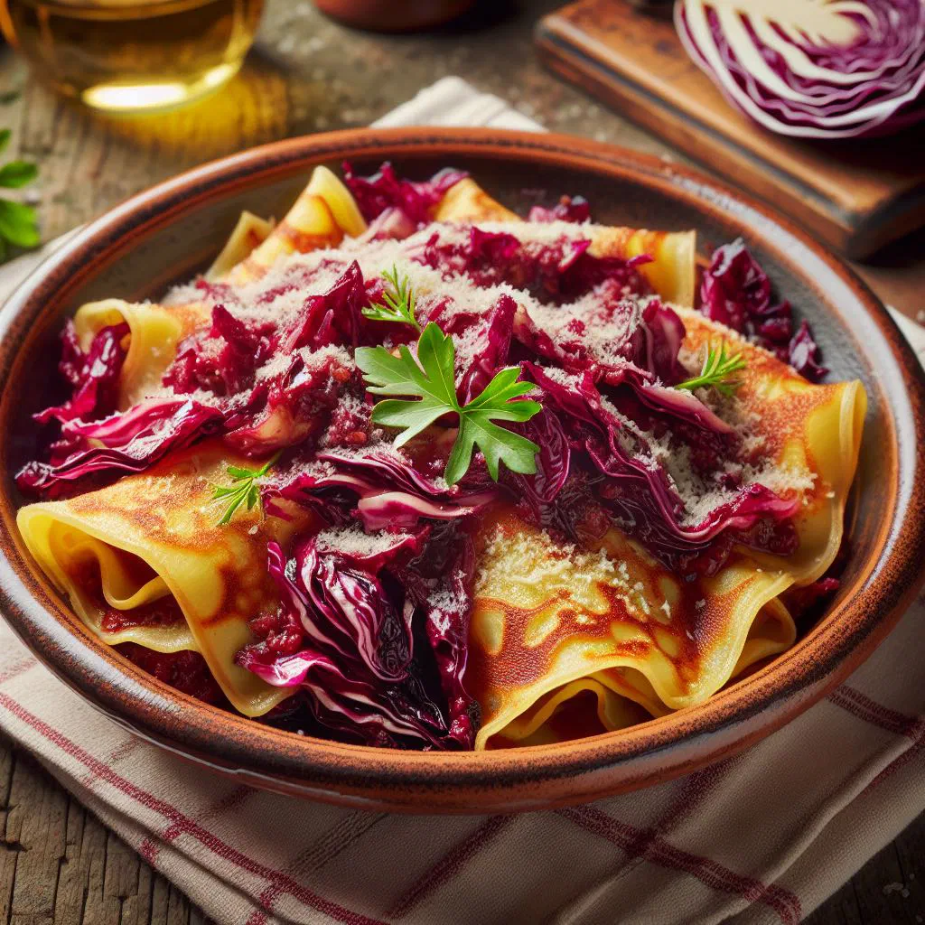 Rolled crespelle filled with radicchio and melted cheese on a plate