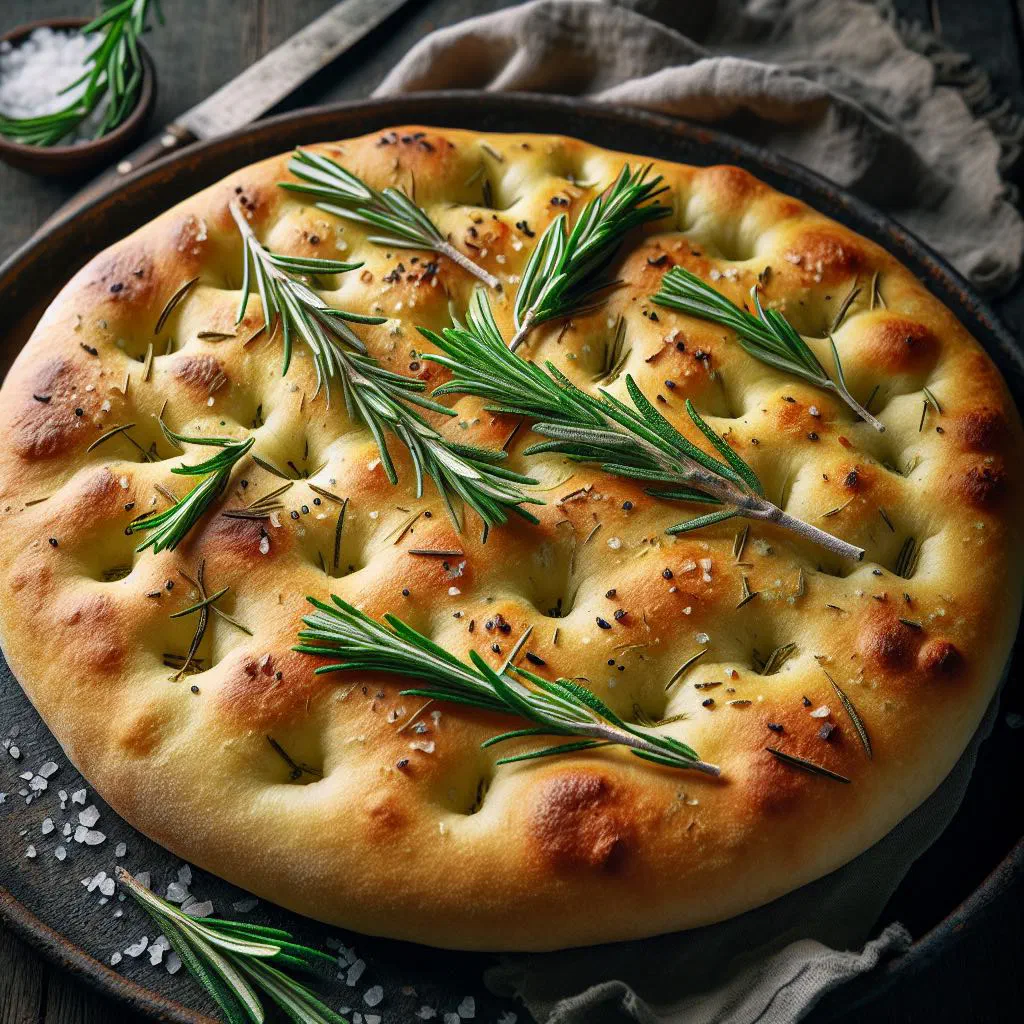 Golden rosemary focaccia drizzled with olive oil, cut into squares