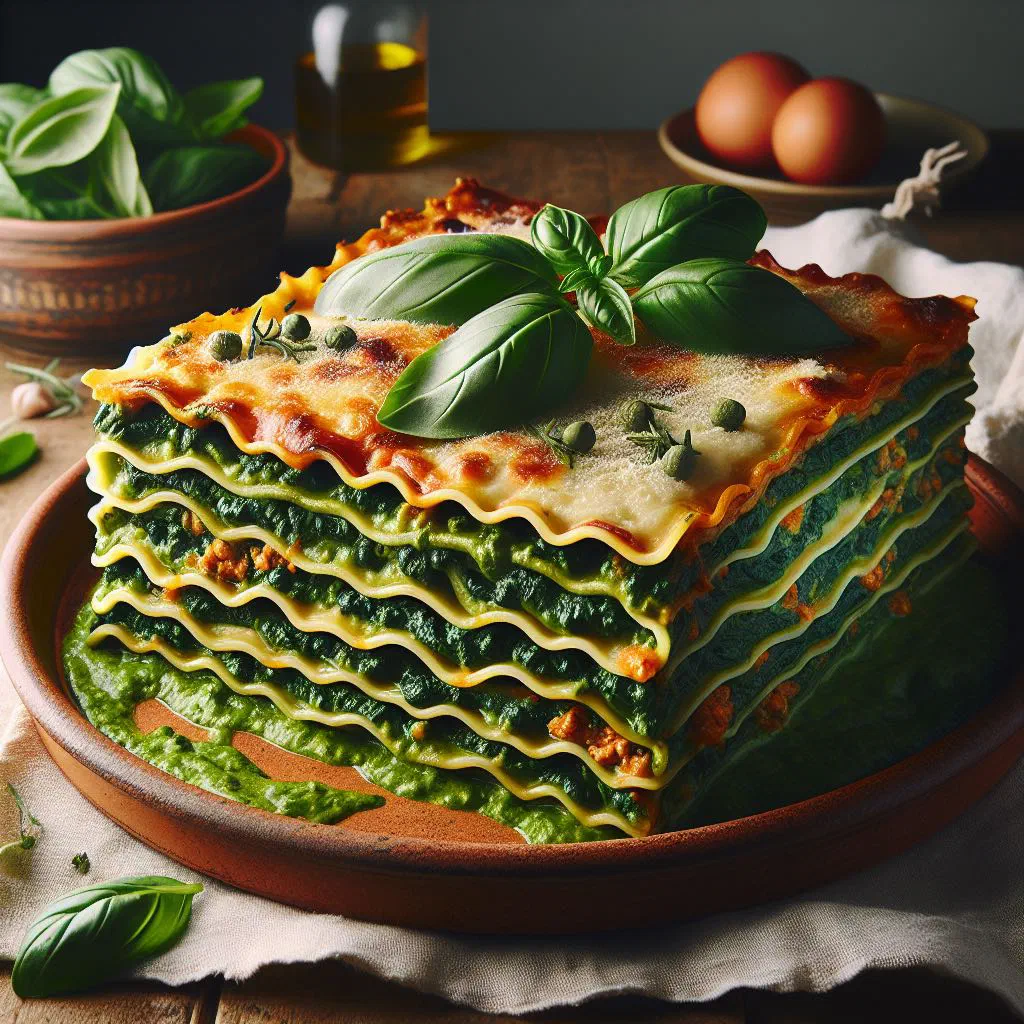 Baked green lasagne layered with spinach, ricotta and béchamel
