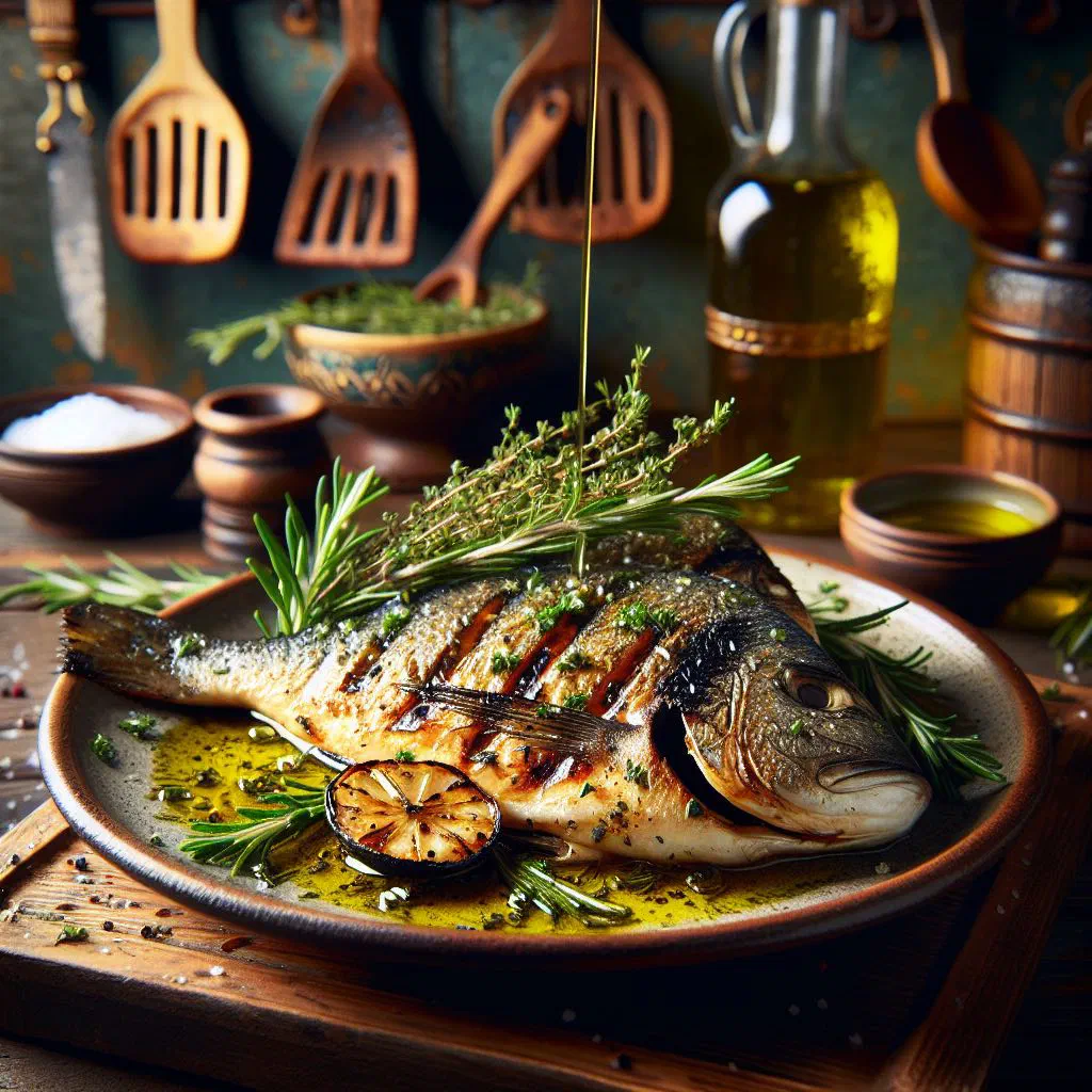 Grilled fish fillets topped with fresh herbs and lemon slices