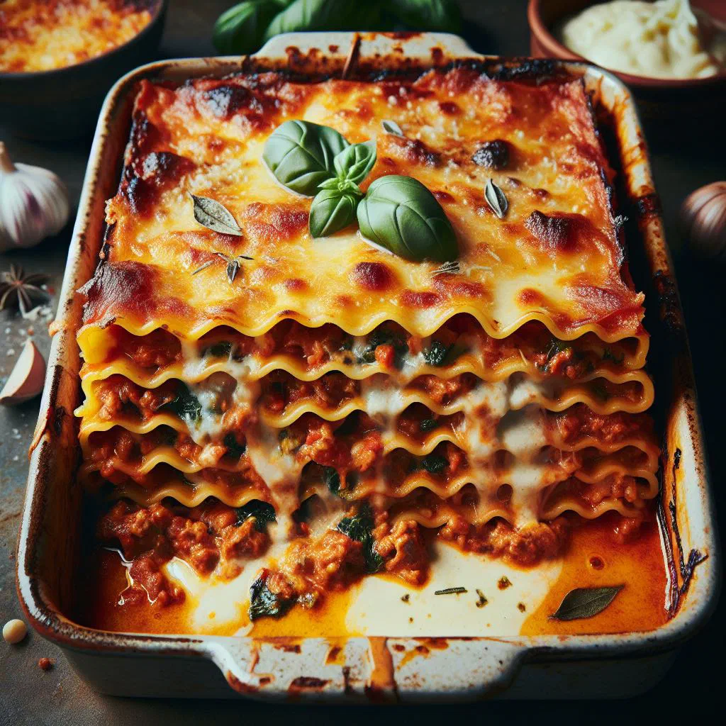 Golden baked lasagne al forno with layers of pasta, ragù and béchamel