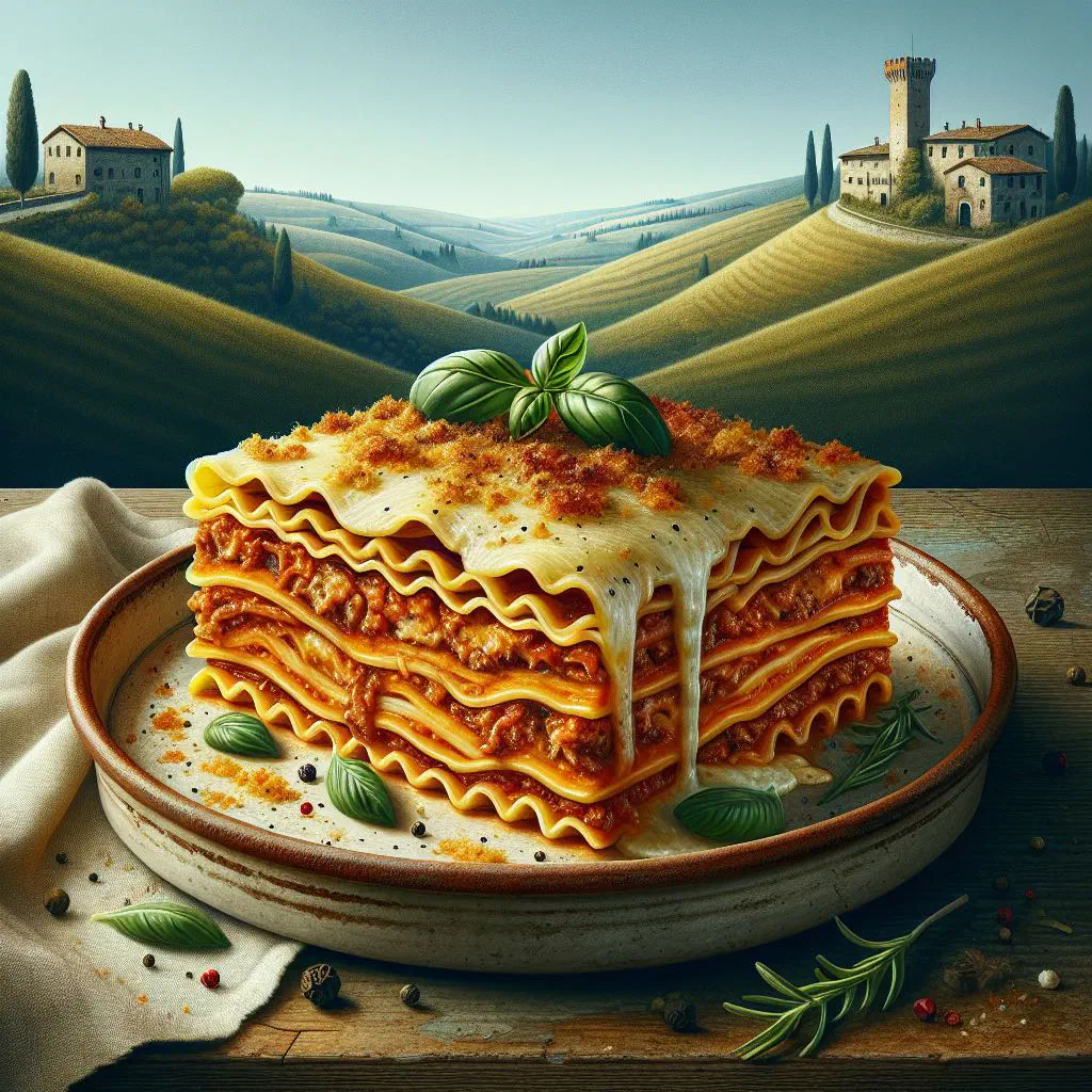 Baked lasagne alla sanmarinese with golden melted cheese on top