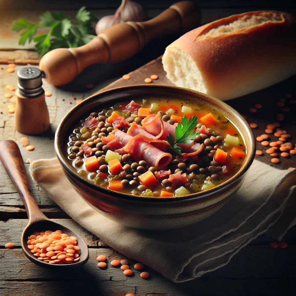 A rustic bowl of lentil soup with carrot, celery and fresh herbs