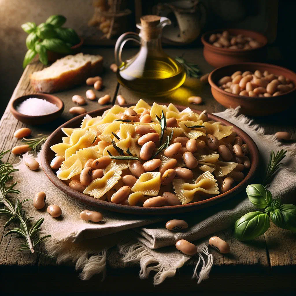 A rustic bowl of maltagliati pasta with cannellini beans and rosemary