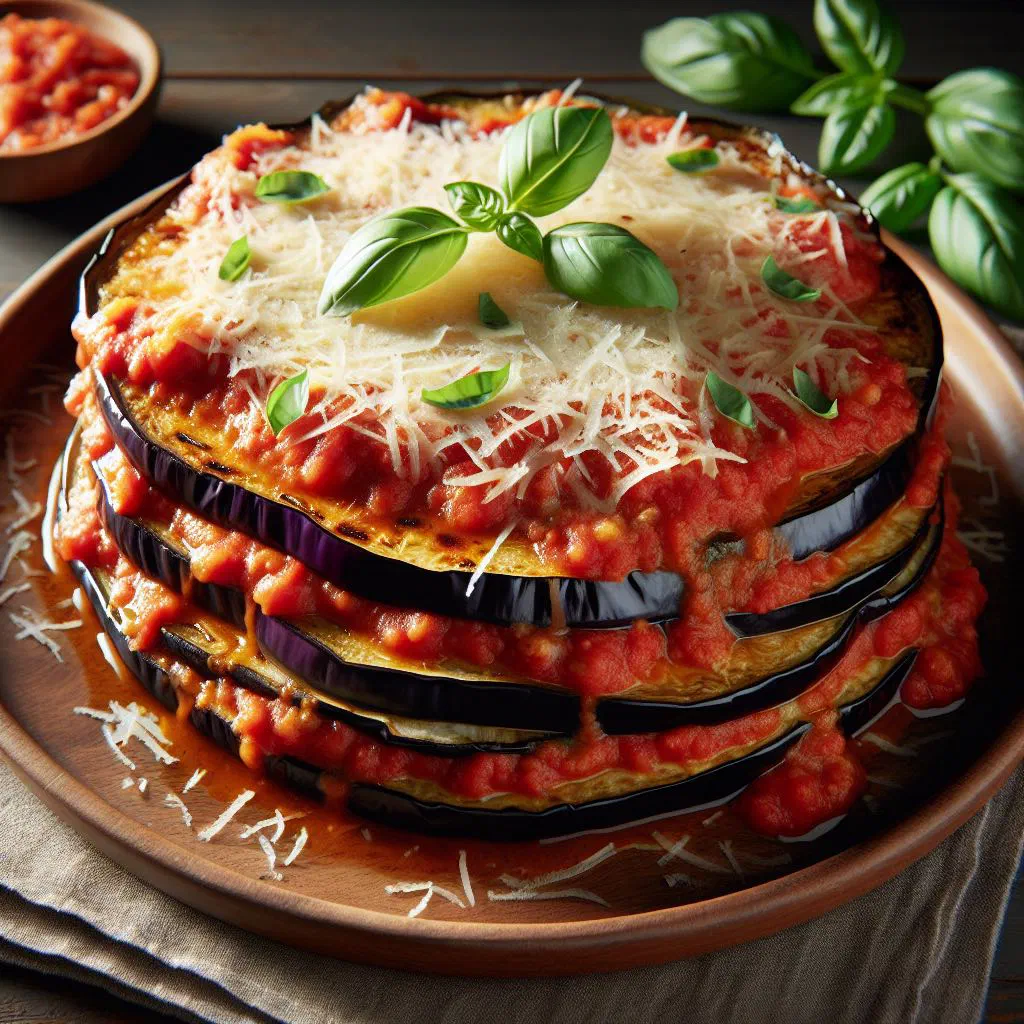 Baked melanzane alla parmigiana with layers of aubergine, tomato sauce and melted cheese