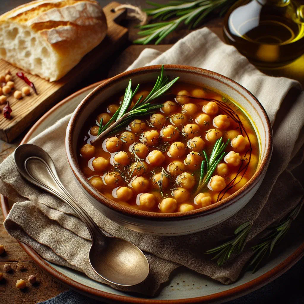 Creamy Minestra di Ceci chickpea soup drizzled with olive oil and fresh rosemary