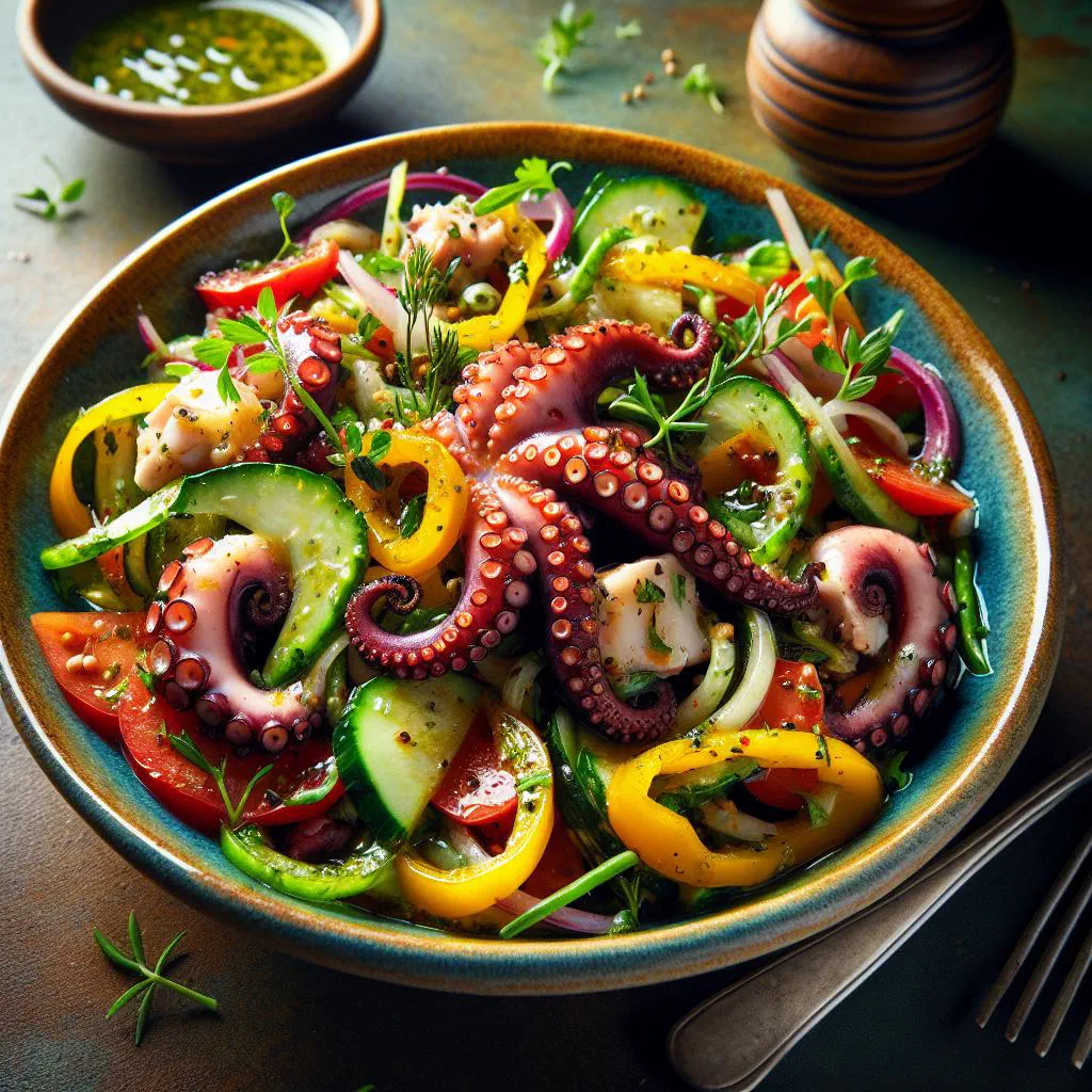 Octopus salad with olive oil, lemon and fresh herbs on a plate
