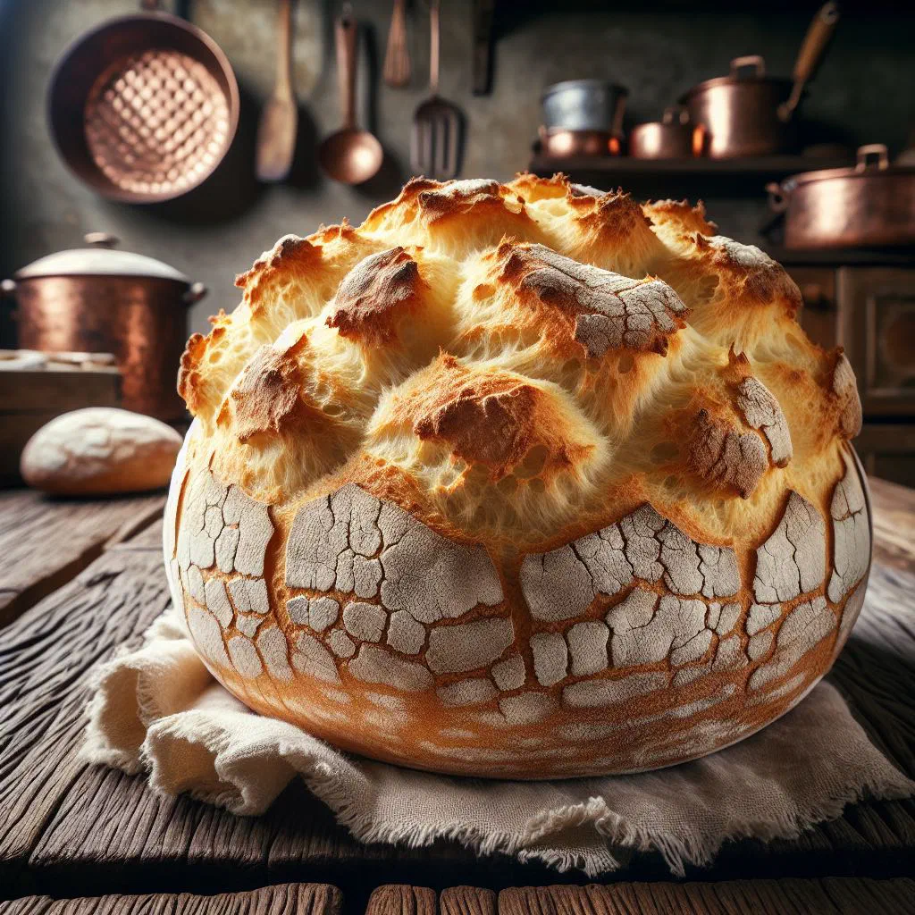 Rustic round loaf of Pane di San Marino on a wooden board