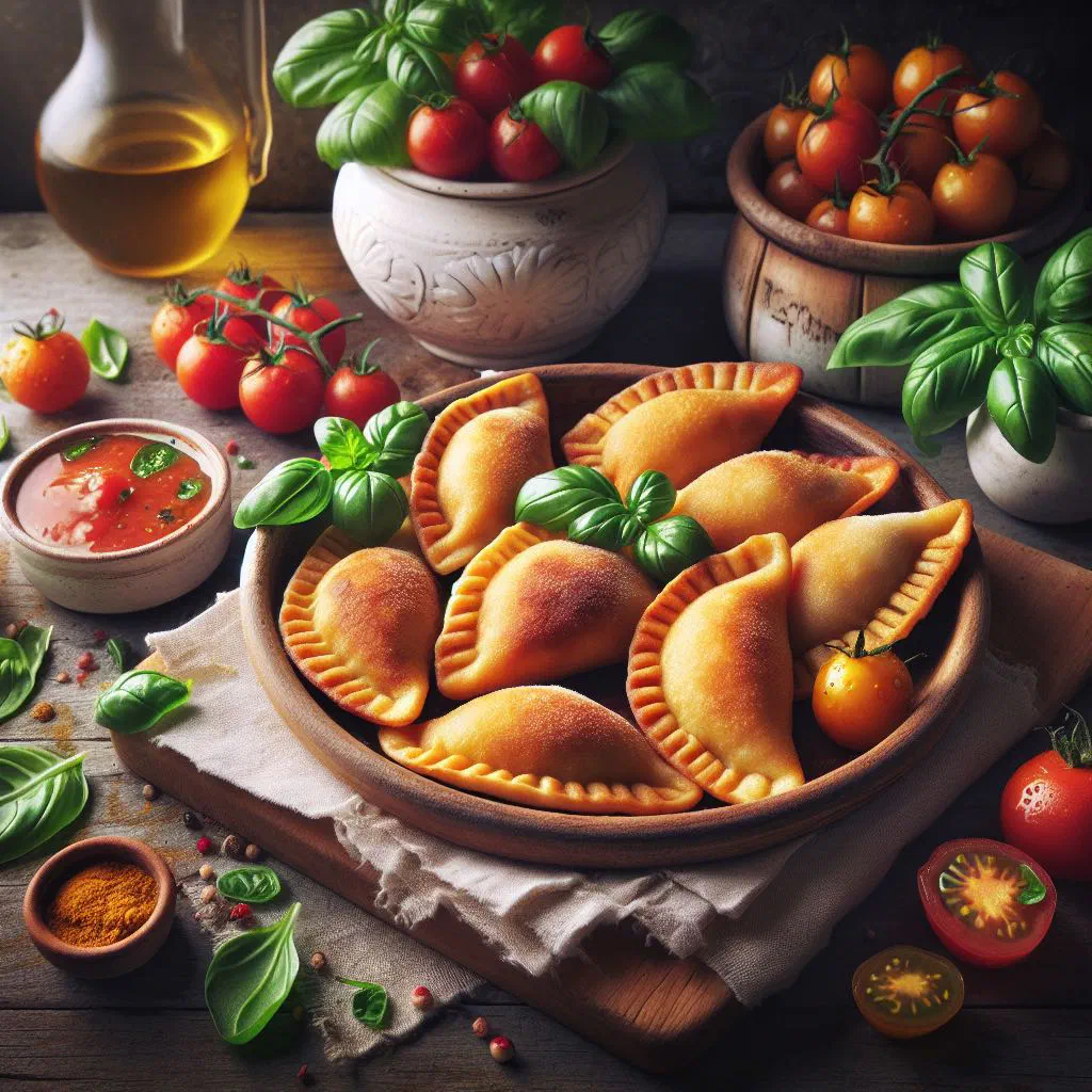 Golden fried panzerotti ripieni piled on a plate with a molten cheese filling