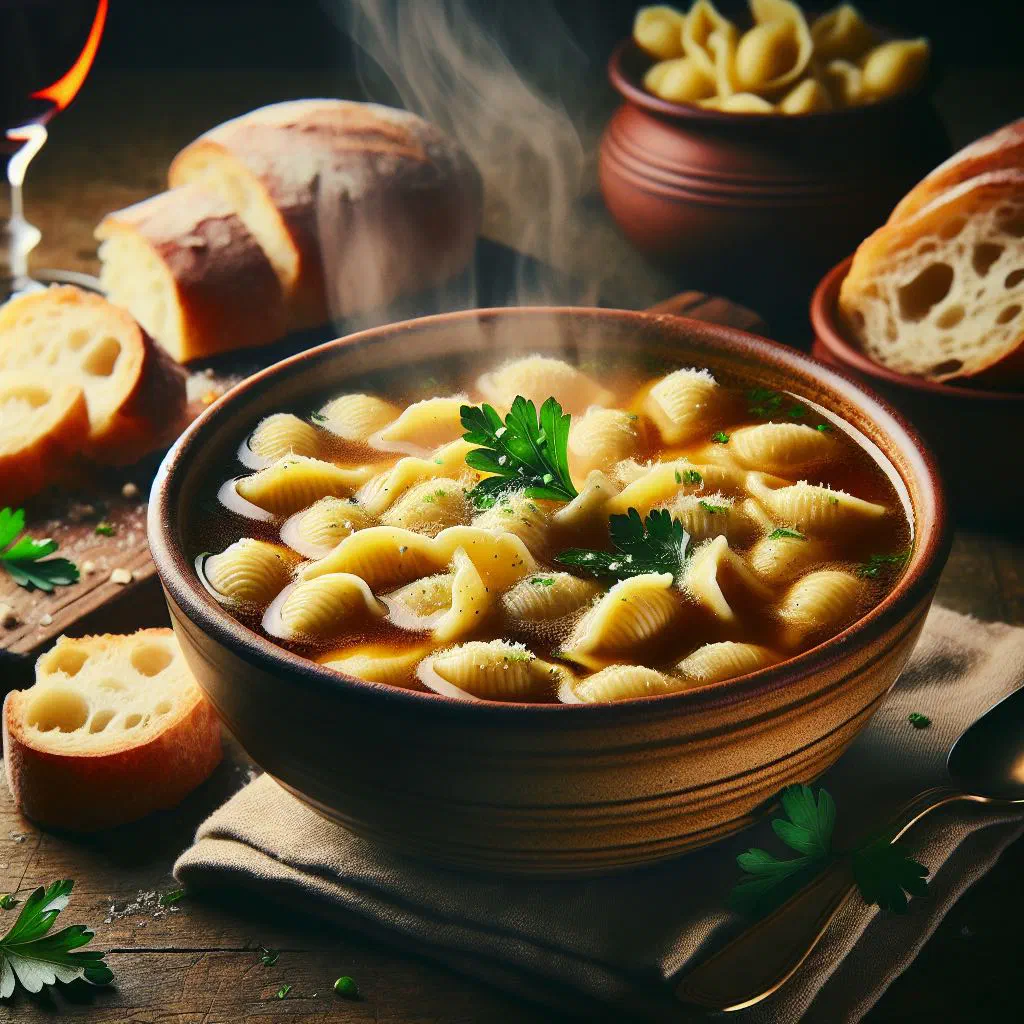 Passatelli served in a bowl of clear broth with grated Parmesan