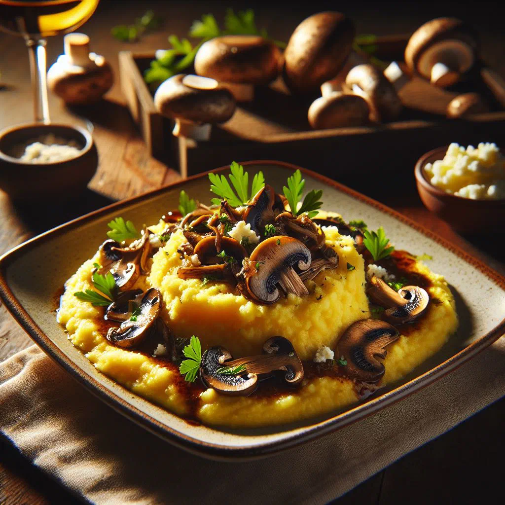 Creamy polenta topped with sautéed mushrooms and fresh herbs