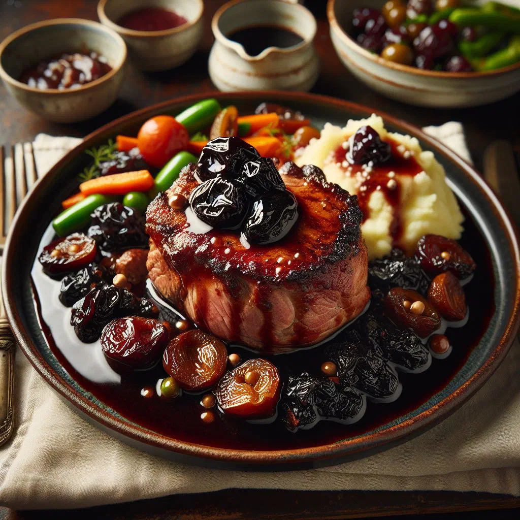 Sliced pork fillet in a red wine and prune sauce garnished with fresh herbs