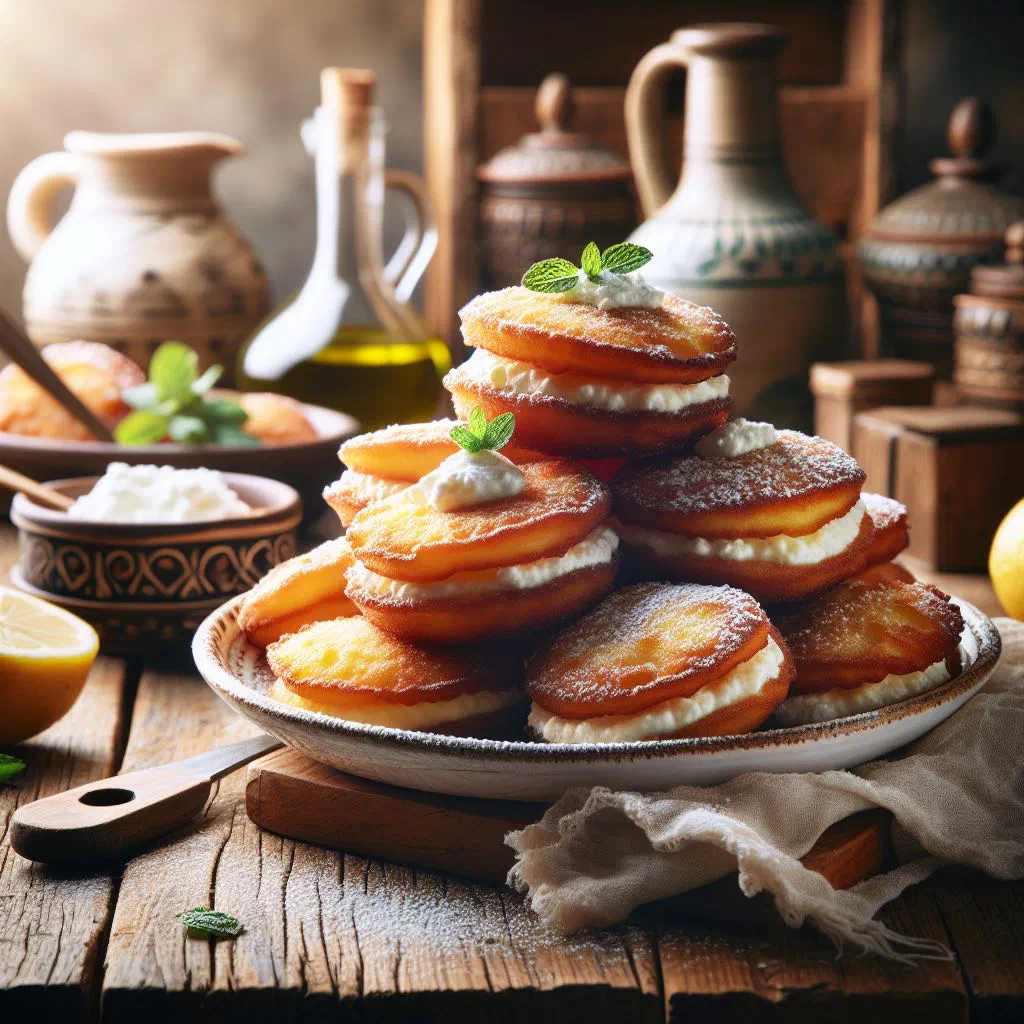 Golden ricotta fritters dusted with icing sugar on a plate