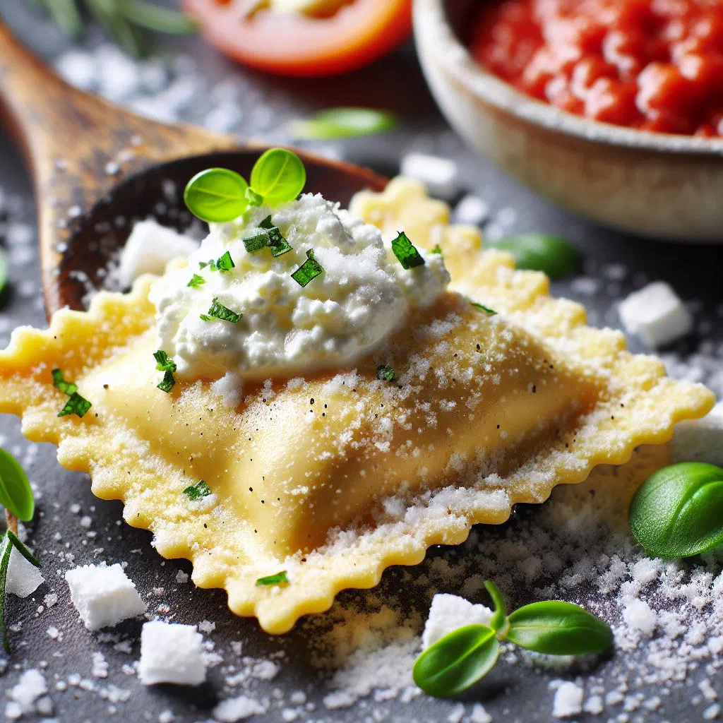 Fresh ricotta ravioli served with tomato sauce and grated cheese